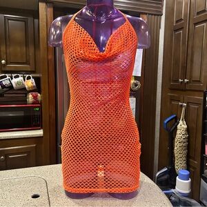 Orange Fishnet Mesh Halter Rave Cover-Up